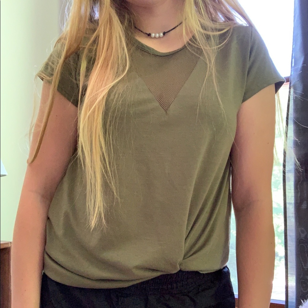 Army Green Mesh Neckline Top